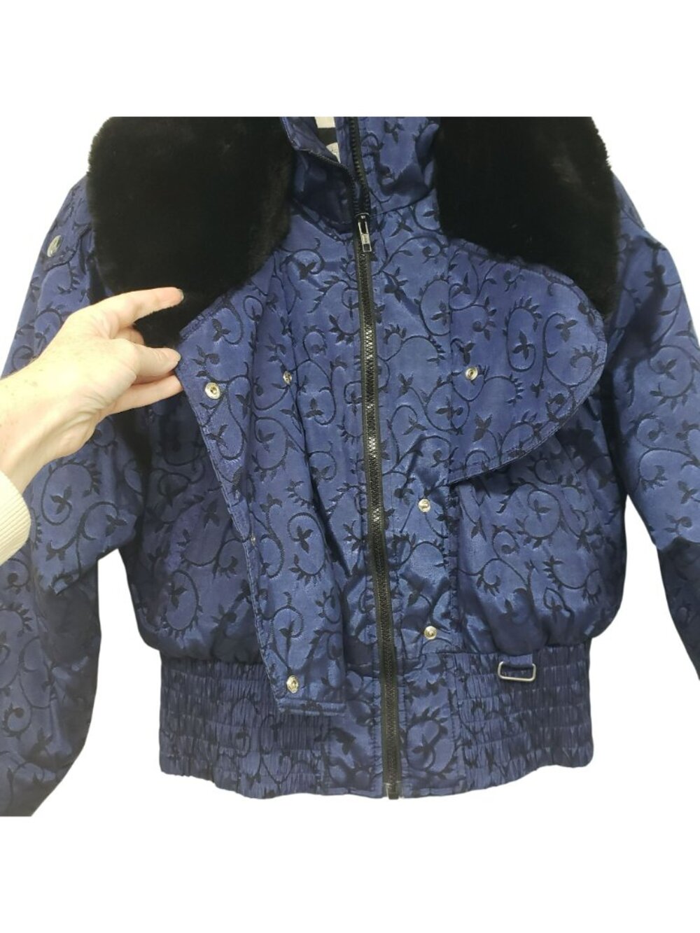 Vintage Nils Down Fill Ski Jacket Winter Coat Fur Trim Blue Jacquard Print Retro - Picture 10 of 16
